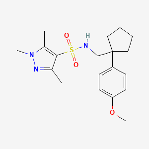 molecular formula C19H27N3O3S B2602198 N-((1-(4-甲氧基苯基)环戊基)甲基)-1,3,5-三甲基-1H-吡唑-4-磺酰胺 CAS No. 1428373-44-7