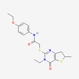 molecular formula C19H23N3O3S2 B2602287 N-(4-ethoxyphenyl)-2-((3-ethyl-6-methyl-4-oxo-3,4,6,7-tetrahydrothieno[3,2-d]pyrimidin-2-yl)thio)acetamide CAS No. 851409-38-6