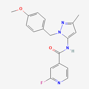 molecular formula C18H17FN4O2 B2602289 2-Fluoro-N-[2-[(4-methoxyphenyl)methyl]-5-methylpyrazol-3-yl]pyridine-4-carboxamide CAS No. 1436115-99-9