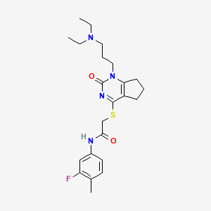 molecular formula C23H31FN4O2S B2602301 2-((1-(3-(diethylamino)propyl)-2-oxo-2,5,6,7-tetrahydro-1H-cyclopenta[d]pyrimidin-4-yl)thio)-N-(3-fluoro-4-methylphenyl)acetamide CAS No. 898434-99-6