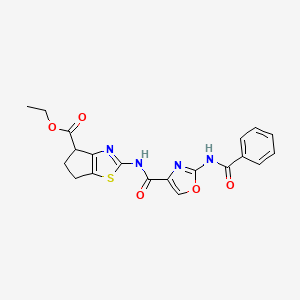 molecular formula C20H18N4O5S B2602302 ethyl 2-(2-benzamidooxazole-4-carboxamido)-5,6-dihydro-4H-cyclopenta[d]thiazole-4-carboxylate CAS No. 1286724-56-8