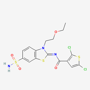 molecular formula C16H15Cl2N3O4S3 B2602317 2,5-dichloro-N-[3-(2-ethoxyethyl)-6-sulfamoyl-1,3-benzothiazol-2-ylidene]thiophene-3-carboxamide CAS No. 1164459-16-8