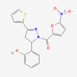 molecular formula C18H13N3O5S B2602365 [3-(2-Hydroxyphenyl)-5-thiophen-2-yl-3,4-dihydropyrazol-2-yl]-(5-nitrofuran-2-yl)methanone CAS No. 876892-92-1