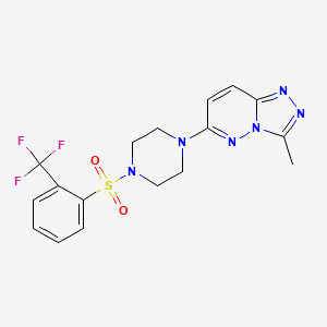molecular formula C17H17F3N6O2S B2602371 3-Methyl-6-(4-((2-(trifluoromethyl)phenyl)sulfonyl)piperazin-1-yl)-[1,2,4]triazolo[4,3-b]pyridazine CAS No. 1021119-81-2