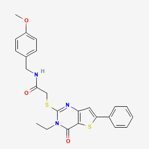 molecular formula C24H23N3O3S2 B2602441 2-({3-ethyl-4-oxo-6-phenyl-3H,4H-thieno[3,2-d]pyrimidin-2-yl}sulfanyl)-N-[(4-methoxyphenyl)methyl]acetamide CAS No. 1189449-95-3