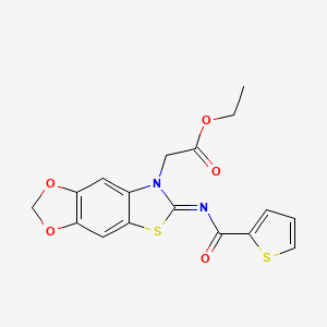 molecular formula C17H14N2O5S2 B2602568 ethyl 2-[6-(thiophene-2-carbonylimino)-[1,3]dioxolo[4,5-f][1,3]benzothiazol-7-yl]acetate CAS No. 905661-37-2