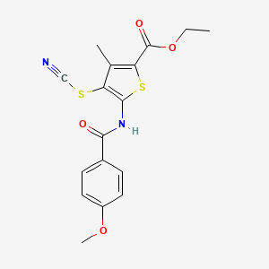 molecular formula C17H16N2O4S2 B2602695 Ethyl 5-(4-methoxybenzamido)-3-methyl-4-thiocyanatothiophene-2-carboxylate CAS No. 681157-59-5