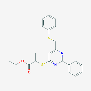molecular formula C22H22N2O2S2 B2602872 Ethyl 2-({2-phenyl-6-[(phenylsulfanyl)methyl]-4-pyrimidinyl}sulfanyl)propanoate CAS No. 303147-68-4