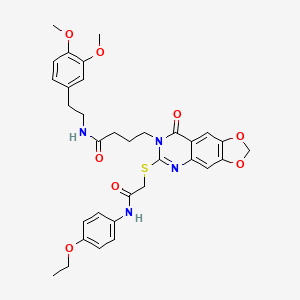 molecular formula C33H36N4O8S B2603019 N-[2-(3,4-dimethoxyphenyl)ethyl]-4-[6-({[(4-ethoxyphenyl)carbamoyl]methyl}sulfanyl)-8-oxo-2H,7H,8H-[1,3]dioxolo[4,5-g]quinazolin-7-yl]butanamide CAS No. 688060-70-0