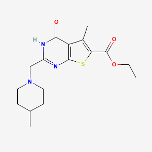 molecular formula C17H23N3O3S B2603149 乙酸-5-甲基-2-[(4-甲基哌啶-1-基)甲基]-4-氧代-3H,4H-噻吩[2,3-d]嘧啶-6-羧酸酯 CAS No. 741731-76-0