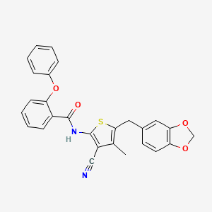 molecular formula C27H20N2O4S B2603380 N-(5-(benzo[d][1,3]dioxol-5-ylmethyl)-3-cyano-4-methylthiophen-2-yl)-2-phenoxybenzamide CAS No. 476367-48-3