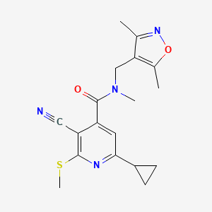 molecular formula C18H20N4O2S B2603490 3-cyano-6-cyclopropyl-N-[(3,5-dimethyl-1,2-oxazol-4-yl)methyl]-N-methyl-2-(methylsulfanyl)pyridine-4-carboxamide CAS No. 1427645-93-9