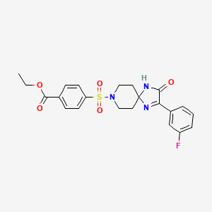 molecular formula C22H22FN3O5S B2603680 Ethyl 4-((2-(3-fluorophenyl)-3-oxo-1,4,8-triazaspiro[4.5]dec-1-en-8-yl)sulfonyl)benzoate CAS No. 1189874-36-9