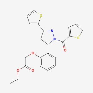 molecular formula C22H20N2O4S2 B2603779 ethyl 2-{2-[3-(thiophen-2-yl)-1-(thiophene-2-carbonyl)-4,5-dihydro-1H-pyrazol-5-yl]phenoxy}acetate CAS No. 831233-48-8