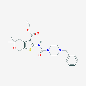 molecular formula C24H31N3O4S B260410 ethyl 2-{[(4-benzyl-1-piperazinyl)carbonyl]amino}-5,5-dimethyl-4,7-dihydro-5H-thieno[2,3-c]pyran-3-carboxylate 