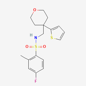 molecular formula C17H20FNO3S2 B2604430 4-fluoro-2-methyl-N-((4-(thiophen-2-yl)tetrahydro-2H-pyran-4-yl)methyl)benzenesulfonamide CAS No. 1203397-92-5