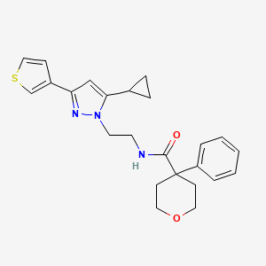 molecular formula C24H27N3O2S B2604876 N-(2-(5-cyclopropyl-3-(thiophen-3-yl)-1H-pyrazol-1-yl)ethyl)-4-phenyltetrahydro-2H-pyran-4-carboxamide CAS No. 2034506-75-5
