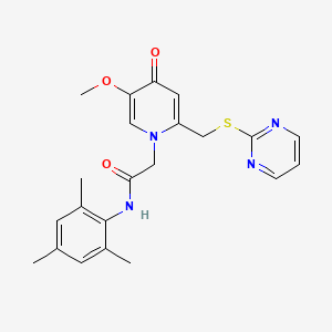 molecular formula C22H24N4O3S B2604950 N-mesityl-2-(5-methoxy-4-oxo-2-((pyrimidin-2-ylthio)methyl)pyridin-1(4H)-yl)acetamide CAS No. 1005302-75-9