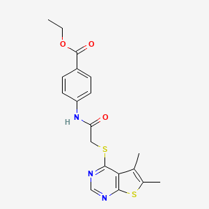 molecular formula C19H19N3O3S2 B2605285 Ethyl 4-(2-((5,6-dimethylthieno[2,3-d]pyrimidin-4-yl)thio)acetamido)benzoate CAS No. 315711-12-7