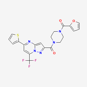 molecular formula C21H16F3N5O3S B2605416 Furan-2-yl-[4-[5-thiophen-2-yl-7-(trifluoromethyl)pyrazolo[1,5-a]pyrimidine-2-carbonyl]piperazin-1-yl]methanone CAS No. 388114-67-8