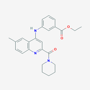 molecular formula C25H27N3O3 B2605527 Ethyl 3-{[6-methyl-2-(piperidine-1-carbonyl)quinolin-4-yl]amino}benzoate CAS No. 1226448-80-1