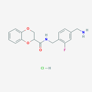 molecular formula C17H18ClFN2O3 B2605591 N-[[4-(Aminomethyl)-2-fluorophenyl]methyl]-2,3-dihydro-1,4-benzodioxine-3-carboxamide;hydrochloride CAS No. 2418717-49-2