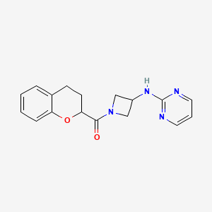 molecular formula C17H18N4O2 B2605651 Chroman-2-yl(3-(pyrimidin-2-ylamino)azetidin-1-yl)methanone CAS No. 2034286-66-1