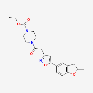 molecular formula C21H25N3O5 B2605668 Ethyl 4-(2-(5-(2-methyl-2,3-dihydrobenzofuran-5-yl)isoxazol-3-yl)acetyl)piperazine-1-carboxylate CAS No. 1172512-74-1
