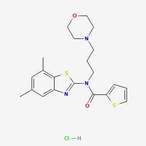 molecular formula C21H26ClN3O2S2 B2605691 N-(5,7-DIMETHYL-1,3-BENZOTHIAZOL-2-YL)-N-[3-(MORPHOLIN-4-YL)PROPYL]THIOPHENE-2-CARBOXAMIDE HYDROCHLORIDE CAS No. 1215569-68-8