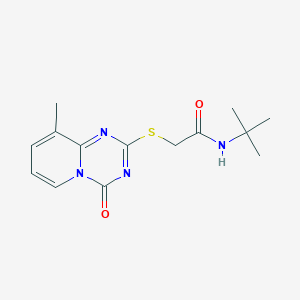 molecular formula C14H18N4O2S B2605888 N-tert-butyl-2-({9-methyl-4-oxo-4H-pyrido[1,2-a][1,3,5]triazin-2-yl}sulfanyl)acetamide CAS No. 896346-26-2