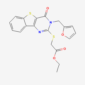 molecular formula C19H16N2O4S2 B2605969 ethyl 2-({5-[(furan-2-yl)methyl]-6-oxo-8-thia-3,5-diazatricyclo[7.4.0.0^{2,7}]trideca-1(9),2(7),3,10,12-pentaen-4-yl}sulfanyl)acetate CAS No. 702654-19-1