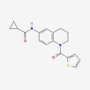 molecular formula C18H18N2O2S B2606612 N-[1-(thiophene-2-carbonyl)-1,2,3,4-tetrahydroquinolin-6-yl]cyclopropanecarboxamide CAS No. 899735-54-7