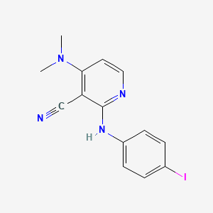 molecular formula C14H13IN4 B2606614 4-(二甲胺基)-2-(4-碘苯胺基)烟酰腈 CAS No. 339102-83-9