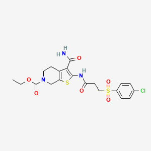 molecular formula C20H22ClN3O6S2 B2606616 ethyl 3-carbamoyl-2-(3-((4-chlorophenyl)sulfonyl)propanamido)-4,5-dihydrothieno[2,3-c]pyridine-6(7H)-carboxylate CAS No. 899351-05-4