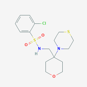 molecular formula C16H23ClN2O3S2 B2606627 2-Chloro-N-[(4-thiomorpholin-4-yloxan-4-yl)methyl]benzenesulfonamide CAS No. 2415524-04-6
