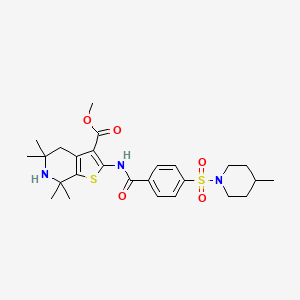 molecular formula C26H35N3O5S2 B2606706 methyl 5,5,7,7-tetramethyl-2-{4-[(4-methylpiperidin-1-yl)sulfonyl]benzamido}-4H,5H,6H,7H-thieno[2,3-c]pyridine-3-carboxylate CAS No. 449782-59-6