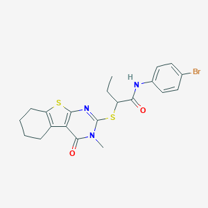 molecular formula C21H22BrN3O2S2 B260672 N-(4-bromophenyl)-2-[(3-methyl-4-oxo-3,4,5,6,7,8-hexahydro[1]benzothieno[2,3-d]pyrimidin-2-yl)sulfanyl]butanamide 