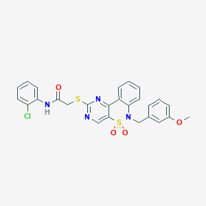 molecular formula C26H21ClN4O4S2 B2606893 N-(2-chlorophenyl)-2-((6-(3-methoxybenzyl)-5,5-dioxido-6H-benzo[c]pyrimido[4,5-e][1,2]thiazin-2-yl)thio)acetamide CAS No. 892312-72-0