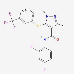 molecular formula C19H14F5N3OS B2606931 N-(2,4-二氟苯基)-1,3-二甲基-5-{[3-(三氟甲基)苯基]硫代基}-1H-嘧啶-4-甲酰胺 CAS No. 303997-98-0