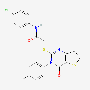 molecular formula C21H18ClN3O2S2 B2606932 N-(4-chlorophenyl)-2-[[3-(4-methylphenyl)-4-oxo-6,7-dihydrothieno[3,2-d]pyrimidin-2-yl]sulfanyl]acetamide CAS No. 686771-91-5
