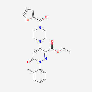 molecular formula C23H24N4O5 B2607021 Ethyl 4-(4-(furan-2-carbonyl)piperazin-1-yl)-6-oxo-1-(o-tolyl)-1,6-dihydropyridazine-3-carboxylate CAS No. 922091-23-4