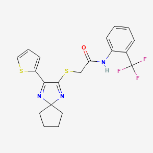 2-((3-(thiophen-2-yl)-1,4-diazaspiro[4.4]nona-1,3-dien-2-yl)thio)-N-(2-(trifluoromethyl)phenyl)acetamide