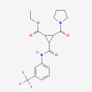 molecular formula C19H21F3N2O4 B2607199 Ethyl 2-(1-pyrrolidinylcarbonyl)-3-{[3-(trifluoromethyl)anilino]carbonyl}cyclopropanecarboxylate CAS No. 318237-95-5