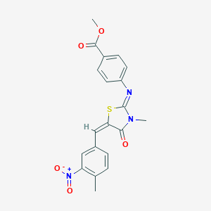molecular formula C20H17N3O5S B260724 methyl 4-{[(2E,5E)-3-methyl-5-(4-methyl-3-nitrobenzylidene)-4-oxo-1,3-thiazolidin-2-ylidene]amino}benzoate 