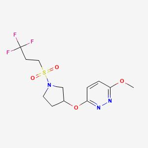 molecular formula C12H16F3N3O4S B2607256 3-Methoxy-6-((1-((3,3,3-trifluoropropyl)sulfonyl)pyrrolidin-3-yl)oxy)pyridazine CAS No. 2034503-82-5