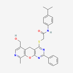 molecular formula C29H28N4O3S B2607258 2-((6-(hydroxymethyl)-9-methyl-2-phenyl-5H-pyrido[4',3':5,6]pyrano[2,3-d]pyrimidin-4-yl)thio)-N-(4-isopropylphenyl)acetamide CAS No. 892386-52-6