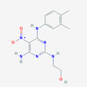 molecular formula C14H18N6O3 B2607317 2-((4-Amino-6-((3,4-dimethylphenyl)amino)-5-nitropyrimidin-2-yl)amino)ethanol CAS No. 577983-78-9