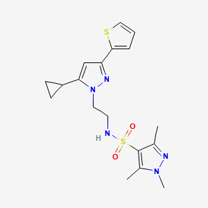 molecular formula C18H23N5O2S2 B2607324 N-(2-(5-cyclopropyl-3-(thiophen-2-yl)-1H-pyrazol-1-yl)ethyl)-1,3,5-trimethyl-1H-pyrazole-4-sulfonamide CAS No. 1797259-63-2