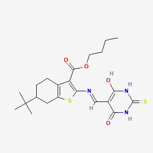 molecular formula C22H29N3O4S2 B2607412 butyl 6-(tert-butyl)-2-(((4,6-dioxo-2-thioxotetrahydropyrimidin-5(2H)-ylidene)methyl)amino)-4,5,6,7-tetrahydrobenzo[b]thiophene-3-carboxylate CAS No. 1021263-07-9