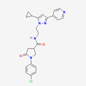 molecular formula C24H24ClN5O2 B2607424 1-(4-chlorophenyl)-N-(2-(5-cyclopropyl-3-(pyridin-4-yl)-1H-pyrazol-1-yl)ethyl)-5-oxopyrrolidine-3-carboxamide CAS No. 1797673-42-7